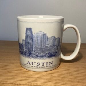 Starbucks Austin City Mug Capital of the Lone Star State Blue & White 2008 18 oz